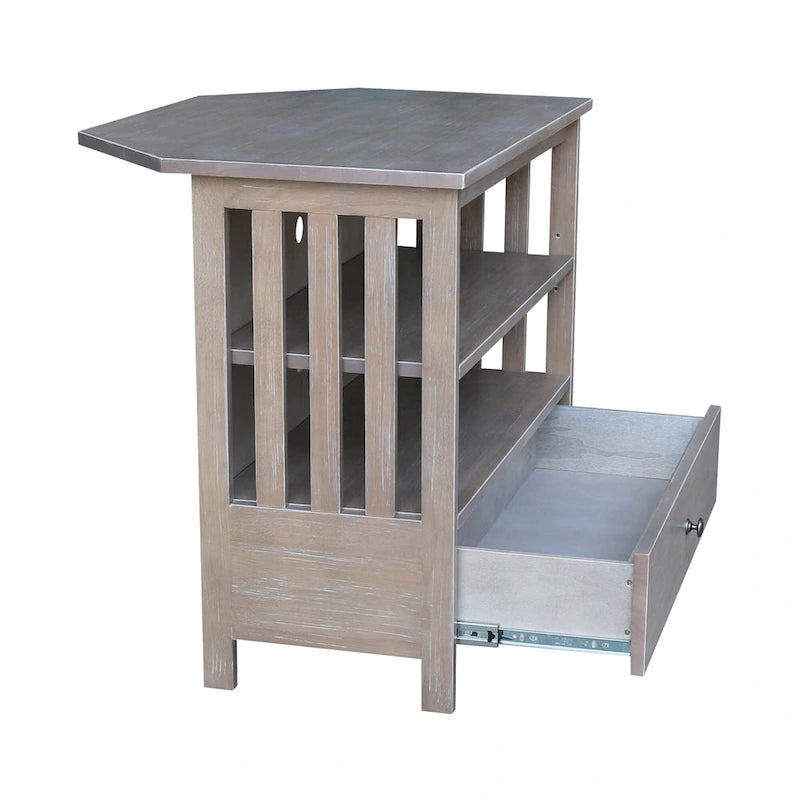 Meuble TV d'angle de style « Mission » en bois massif avec tiroir et étagères, finitions au choix : non teinté / expresso / gris taupe délavé / blanc / bleu océan / gris chiné vieilli / noir