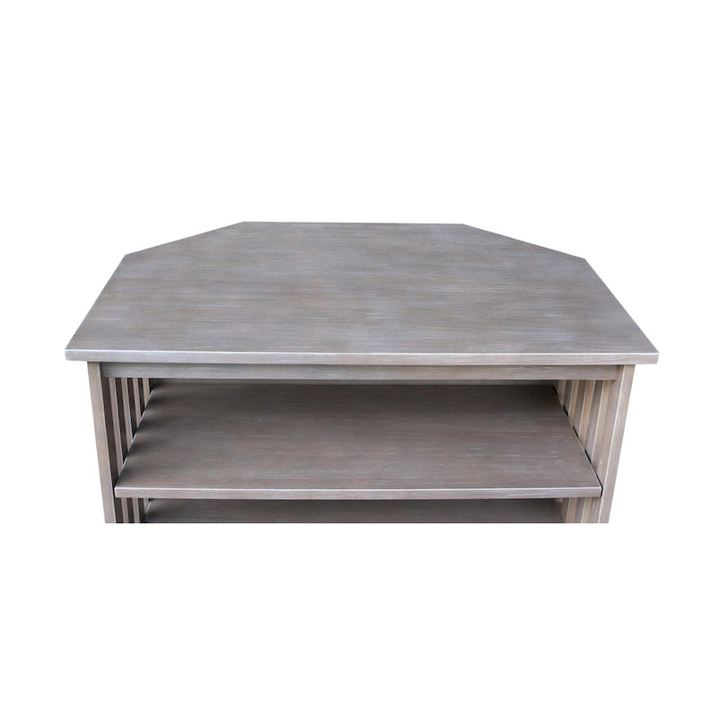 Meuble TV d'angle de style « Mission » en bois massif avec tiroir et étagères, finitions au choix : non teinté / expresso / gris taupe délavé / blanc / bleu océan / gris chiné vieilli / noir