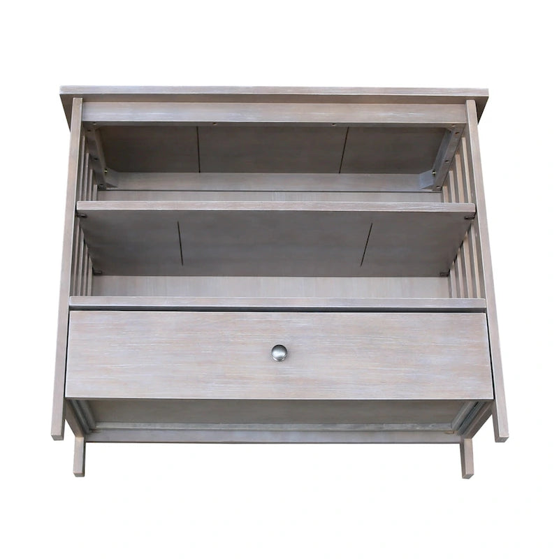 Meuble TV d'angle de style « Mission » en bois massif avec tiroir et étagères, finitions au choix : non teinté / expresso / gris taupe délavé / blanc / bleu océan / gris chiné vieilli / noir