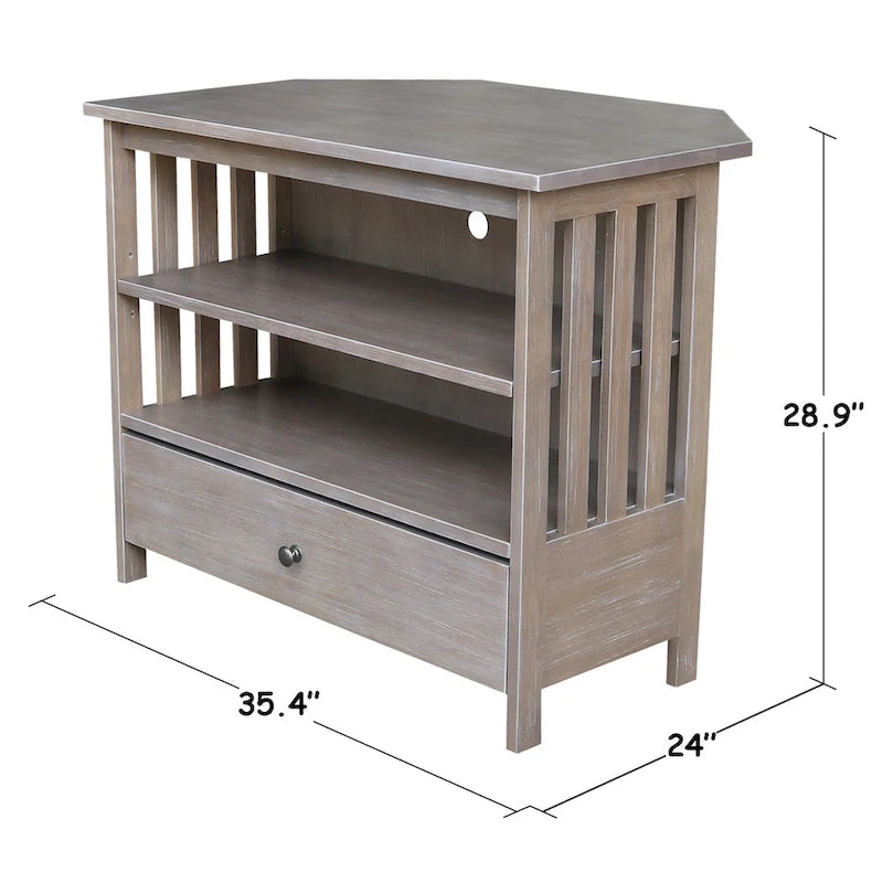 Meuble TV d'angle de style « Mission » en bois massif avec tiroir et étagères, finitions au choix : non teinté / expresso / gris taupe délavé / blanc / bleu océan / gris chiné vieilli / noir