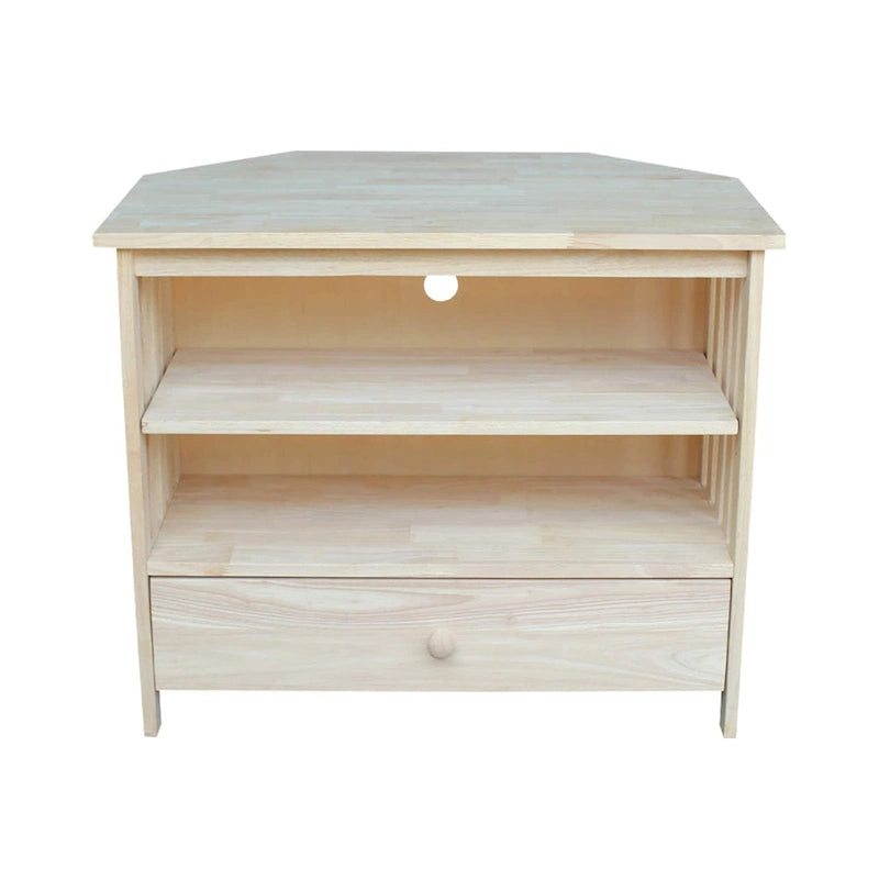 Meuble TV d'angle de style « Mission » en bois massif avec tiroir et étagères, finitions au choix : non teinté / expresso / gris taupe délavé / blanc / bleu océan / gris chiné vieilli / noir