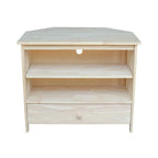 Meuble TV d'angle de style « Mission » en bois massif avec tiroir et étagères, finitions au choix : non teinté / expresso / gris taupe délavé / blanc / bleu océan / gris chiné vieilli / noir