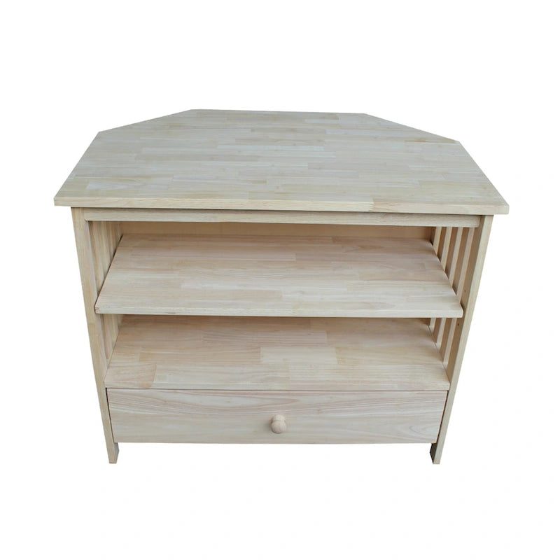 Meuble TV d'angle de style « Mission » en bois massif avec tiroir et étagères, finitions au choix : non teinté / expresso / gris taupe délavé / blanc / bleu océan / gris chiné vieilli / noir