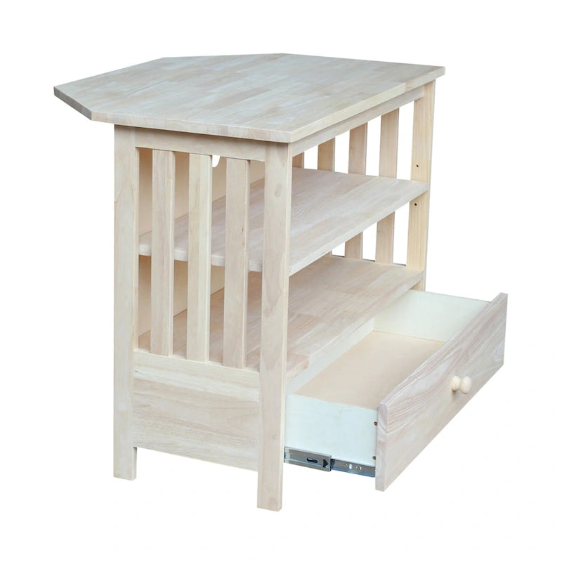 Meuble TV d'angle de style « Mission » en bois massif avec tiroir et étagères, finitions au choix : non teinté / expresso / gris taupe délavé / blanc / bleu océan / gris chiné vieilli / noir