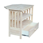Meuble TV d'angle de style « Mission » en bois massif avec tiroir et étagères, finitions au choix : non teinté / expresso / gris taupe délavé / blanc / bleu océan / gris chiné vieilli / noir