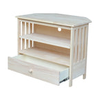Meuble TV d'angle de style « Mission » en bois massif avec tiroir et étagères, finitions au choix : non teinté / expresso / gris taupe délavé / blanc / bleu océan / gris chiné vieilli / noir