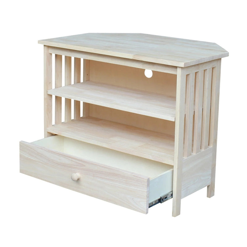 Meuble TV d'angle de style « Mission » en bois massif avec tiroir et étagères, finitions au choix : non teinté / expresso / gris taupe délavé / blanc / bleu océan / gris chiné vieilli / noir