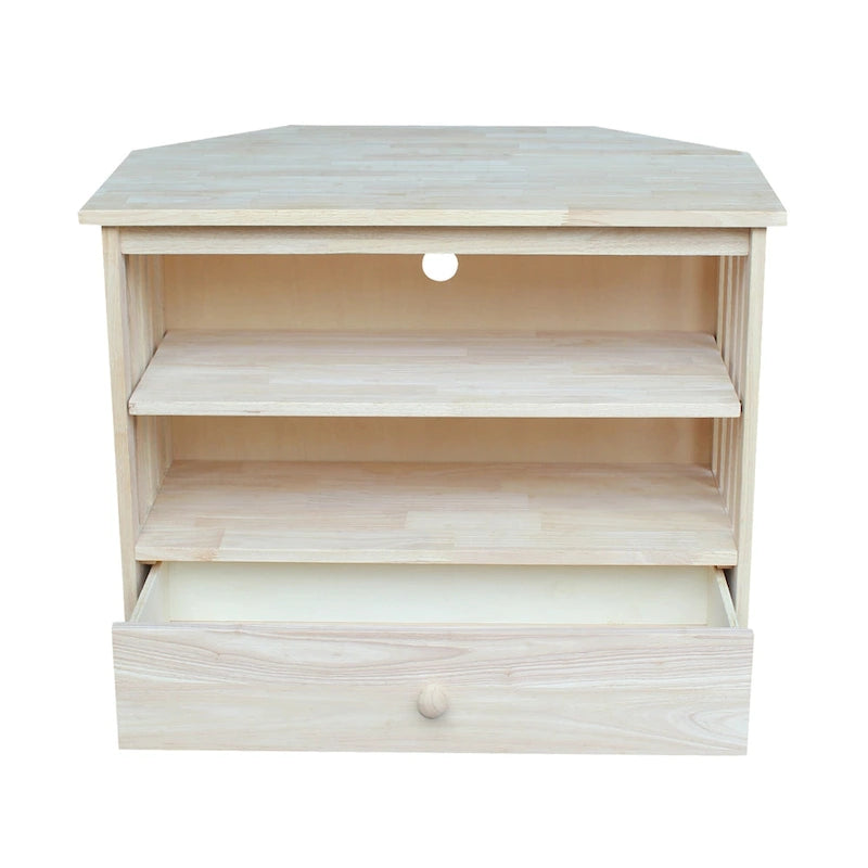 Meuble TV d'angle de style « Mission » en bois massif avec tiroir et étagères, finitions au choix : non teinté / expresso / gris taupe délavé / blanc / bleu océan / gris chiné vieilli / noir