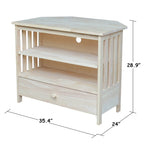 Meuble TV d'angle de style « Mission » en bois massif avec tiroir et étagères, finitions au choix : non teinté / expresso / gris taupe délavé / blanc / bleu océan / gris chiné vieilli / noir