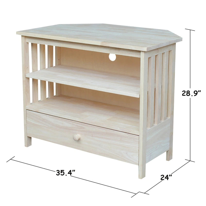 Meuble TV d'angle de style « Mission » en bois massif avec tiroir et étagères, finitions au choix : non teinté / expresso / gris taupe délavé / blanc / bleu océan / gris chiné vieilli / noir