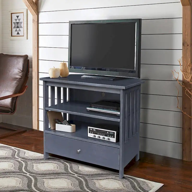 Meuble TV d'angle de style « Mission » en bois massif avec tiroir et étagères, finitions au choix : non teinté / expresso / gris taupe délavé / blanc / bleu océan / gris chiné vieilli / noir