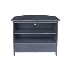 Meuble TV d'angle de style « Mission » en bois massif avec tiroir et étagères, finitions au choix : non teinté / expresso / gris taupe délavé / blanc / bleu océan / gris chiné vieilli / noir