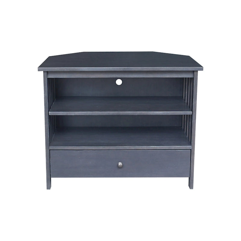 Meuble TV d'angle de style « Mission » en bois massif avec tiroir et étagères, finitions au choix : non teinté / expresso / gris taupe délavé / blanc / bleu océan / gris chiné vieilli / noir