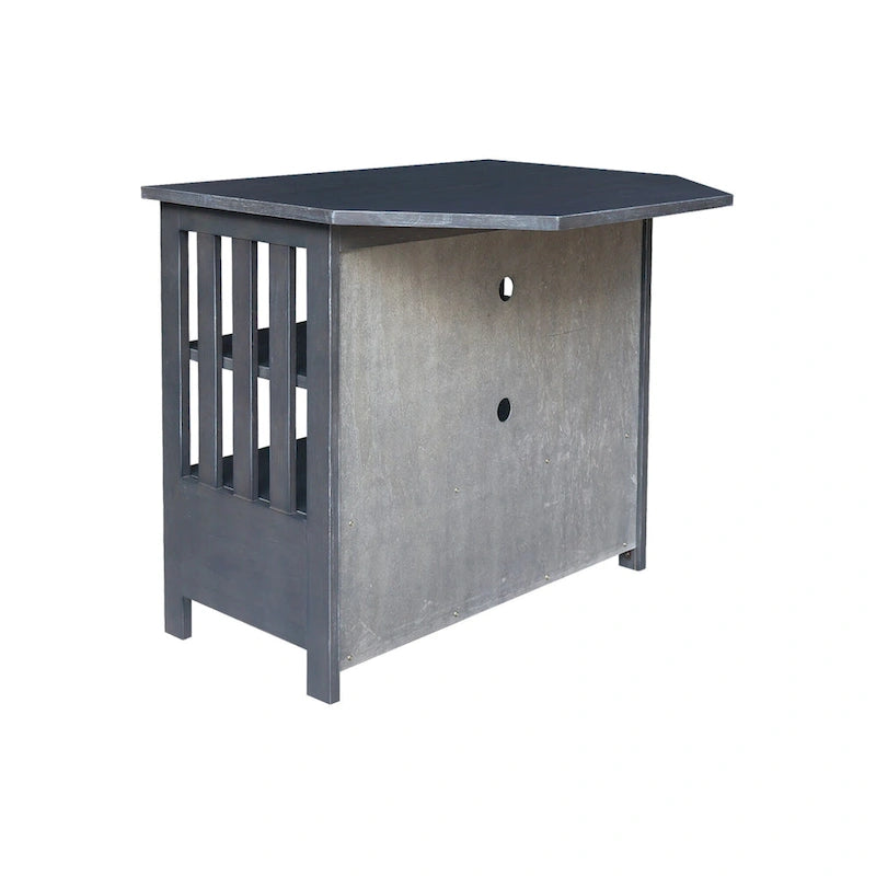 Meuble TV d'angle de style « Mission » en bois massif avec tiroir et étagères, finitions au choix : non teinté / expresso / gris taupe délavé / blanc / bleu océan / gris chiné vieilli / noir