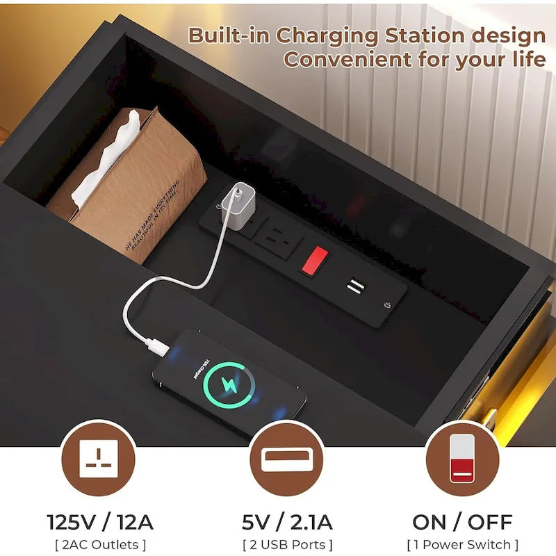 Table de chevet en MDF noir avec lumières LED RVB, tiroir supérieur coulissant et station de charge (2 prises CA + 2 ports USB) – Simple