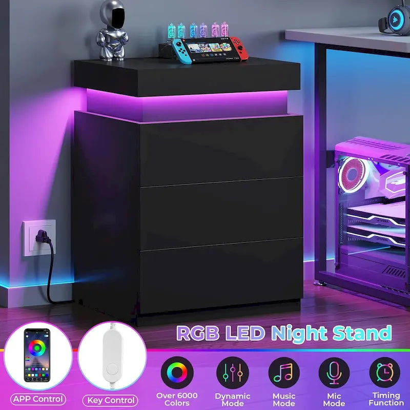 Table de chevet en MDF noir avec lumières LED RVB, tiroir supérieur coulissant et station de charge (2 prises CA + 2 ports USB) – Simple