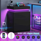Table de chevet en MDF noir avec lumières LED RVB, tiroir supérieur coulissant et station de charge (2 prises CA + 2 ports USB) – Simple
