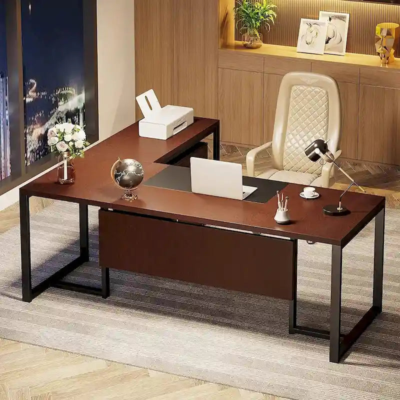 Bureau de direction en L avec caisson mobile – Noir Marron / Noyer Blanc / Gris Rustique Noir / Marron Rustique Noir – Simple