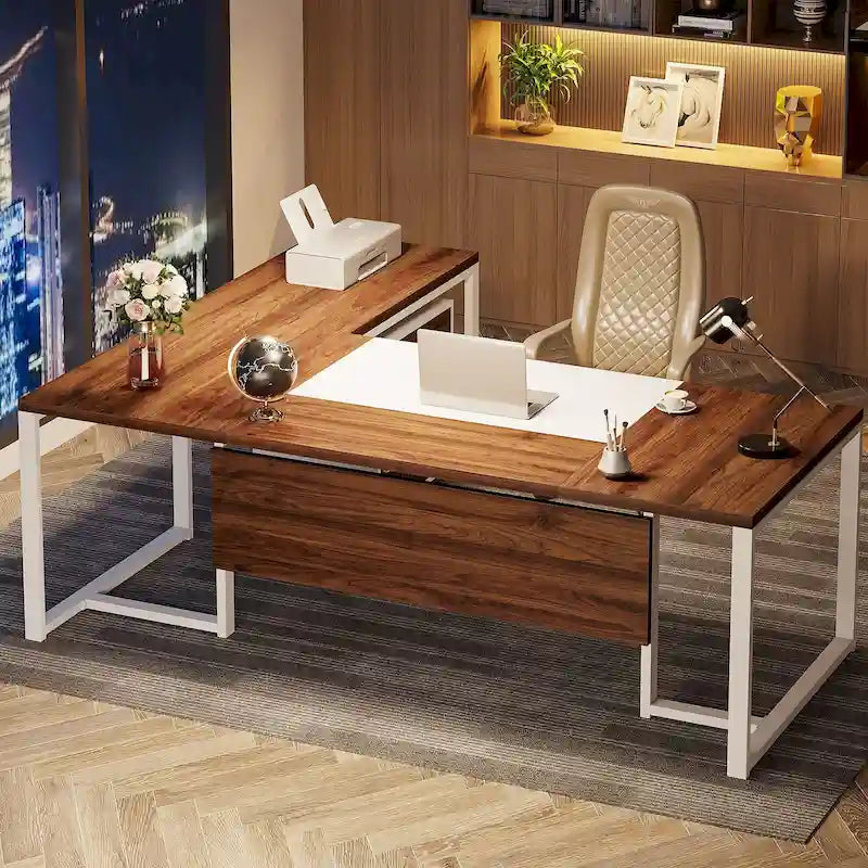 Bureau de direction en L avec caisson mobile – Noir Marron / Noyer Blanc / Gris Rustique Noir / Marron Rustique Noir – Simple