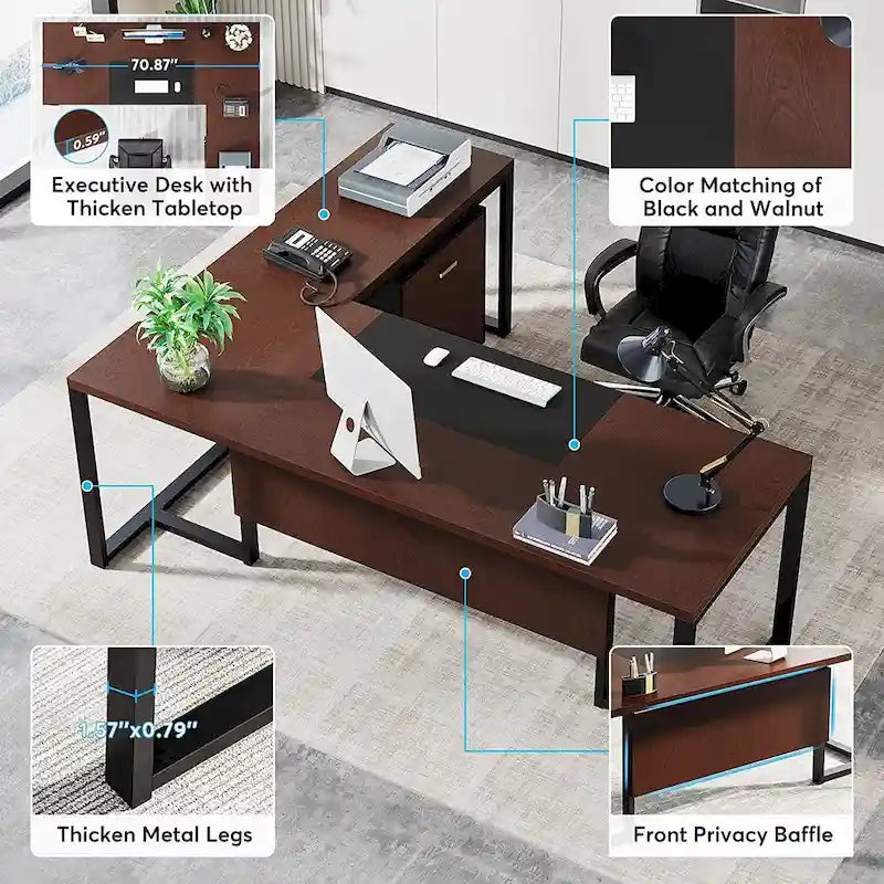 Bureau de direction en L avec caisson mobile – Noir Marron / Noyer Blanc / Gris Rustique Noir / Marron Rustique Noir – Simple