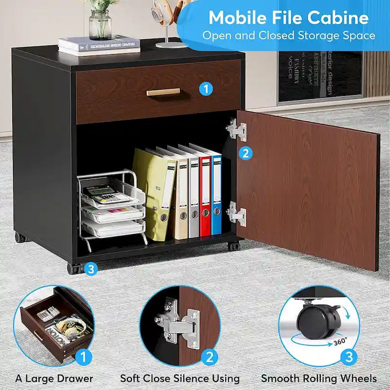 Bureau de direction en L avec caisson mobile – Noir Marron / Noyer Blanc / Gris Rustique Noir / Marron Rustique Noir – Simple
