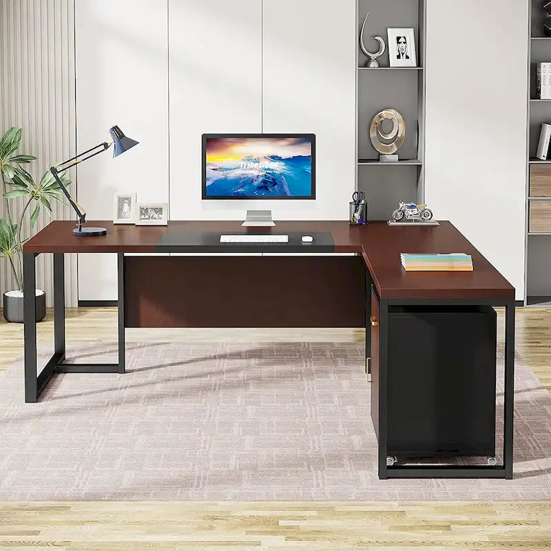 Bureau de direction en L avec caisson mobile – Noir Marron / Noyer Blanc / Gris Rustique Noir / Marron Rustique Noir – Simple
