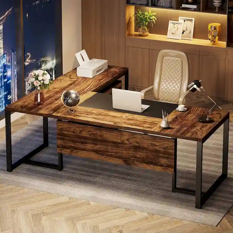 Bureau de direction en L avec caisson mobile – Noir Marron / Noyer Blanc / Gris Rustique Noir / Marron Rustique Noir – Simple
