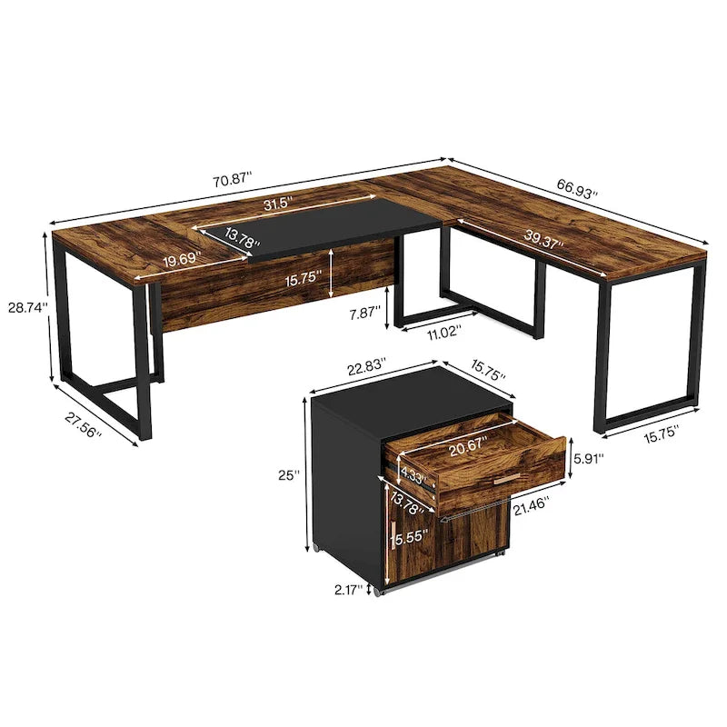 Bureau de direction en L avec caisson mobile – Noir Marron / Noyer Blanc / Gris Rustique Noir / Marron Rustique Noir – Simple