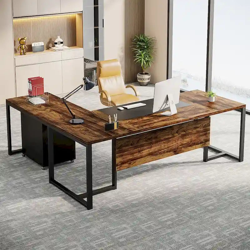 Bureau de direction en L avec caisson mobile – Noir Marron / Noyer Blanc / Gris Rustique Noir / Marron Rustique Noir – Simple