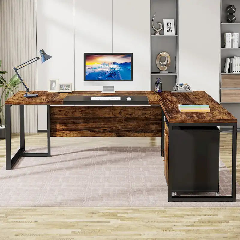 Bureau de direction en L avec caisson mobile – Noir Marron / Noyer Blanc / Gris Rustique Noir / Marron Rustique Noir – Simple