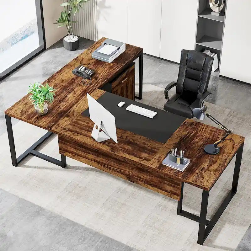 Bureau de direction en L avec caisson mobile – Noir Marron / Noyer Blanc / Gris Rustique Noir / Marron Rustique Noir – Simple