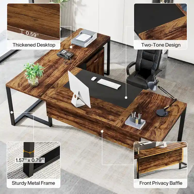 Bureau de direction en L avec caisson mobile – Noir Marron / Noyer Blanc / Gris Rustique Noir / Marron Rustique Noir – Simple