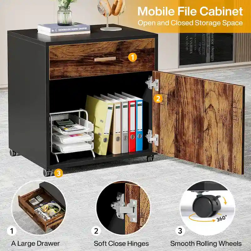 Bureau de direction en L avec caisson mobile – Noir Marron / Noyer Blanc / Gris Rustique Noir / Marron Rustique Noir – Simple