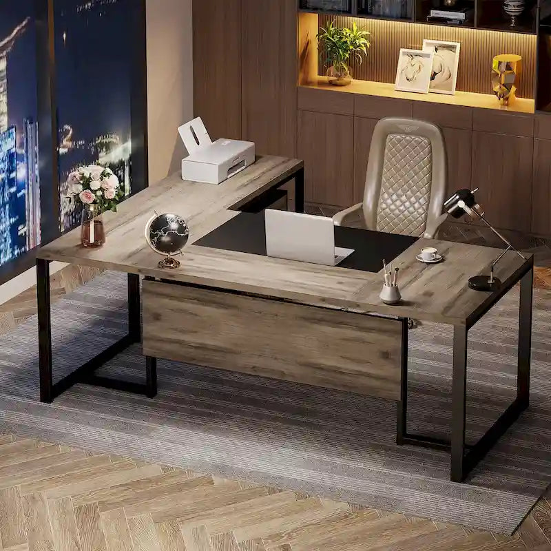 Bureau de direction en L avec caisson mobile – Noir Marron / Noyer Blanc / Gris Rustique Noir / Marron Rustique Noir – Simple