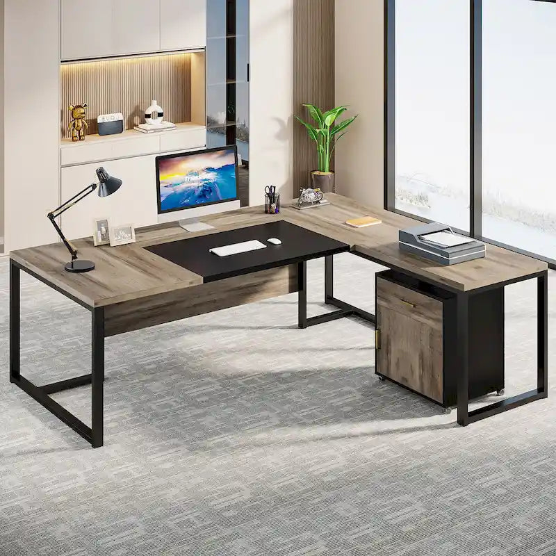 Bureau de direction en L avec caisson mobile – Noir Marron / Noyer Blanc / Gris Rustique Noir / Marron Rustique Noir – Simple