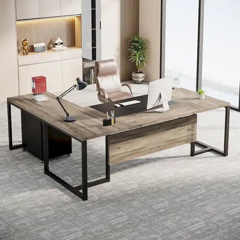 Bureau de direction en L avec caisson mobile – Noir Marron / Noyer Blanc / Gris Rustique Noir / Marron Rustique Noir – Simple