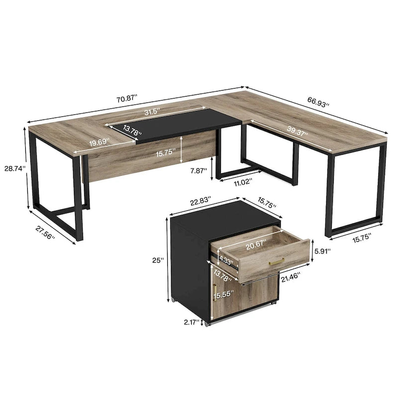 Bureau de direction en L avec caisson mobile – Noir Marron / Noyer Blanc / Gris Rustique Noir / Marron Rustique Noir – Simple