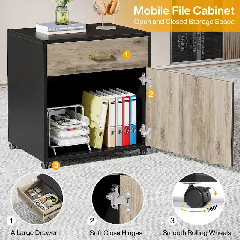 Bureau de direction en L avec caisson mobile – Noir Marron / Noyer Blanc / Gris Rustique Noir / Marron Rustique Noir – Simple
