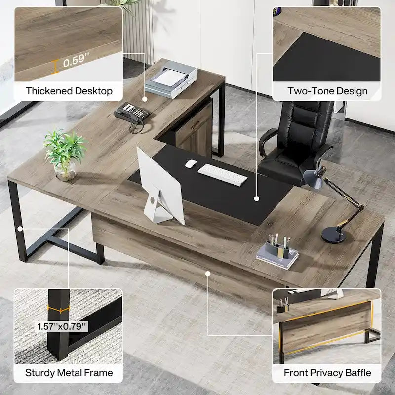 Bureau de direction en L avec caisson mobile – Noir Marron / Noyer Blanc / Gris Rustique Noir / Marron Rustique Noir – Simple
