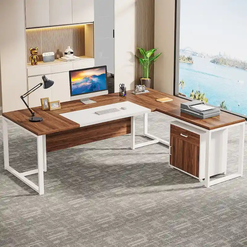 Bureau de direction en L avec caisson mobile – Noir Marron / Noyer Blanc / Gris Rustique Noir / Marron Rustique Noir – Simple