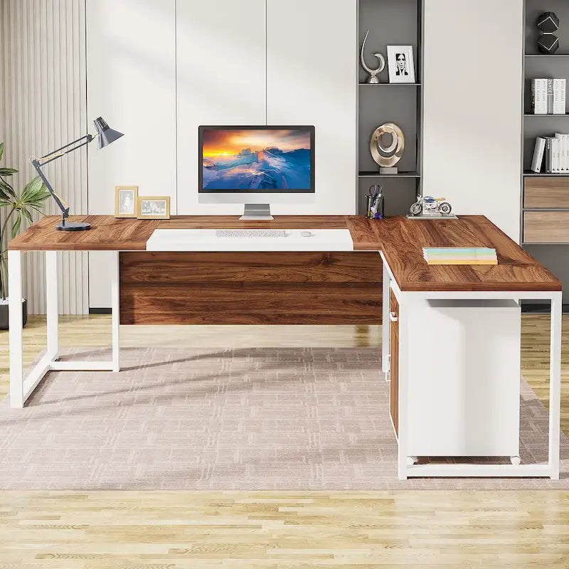 Bureau de direction en L avec caisson mobile – Noir Marron / Noyer Blanc / Gris Rustique Noir / Marron Rustique Noir – Simple