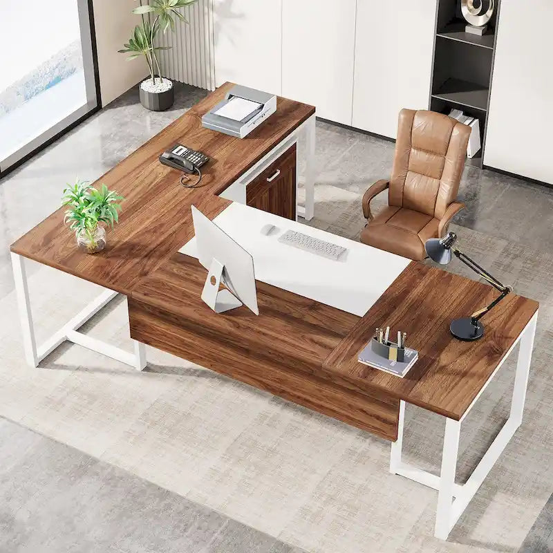 Bureau de direction en L avec caisson mobile – Noir Marron / Noyer Blanc / Gris Rustique Noir / Marron Rustique Noir – Simple