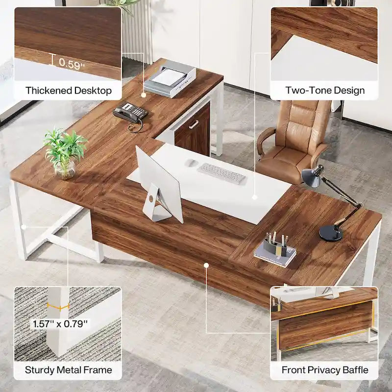 Bureau de direction en L avec caisson mobile – Noir Marron / Noyer Blanc / Gris Rustique Noir / Marron Rustique Noir – Simple