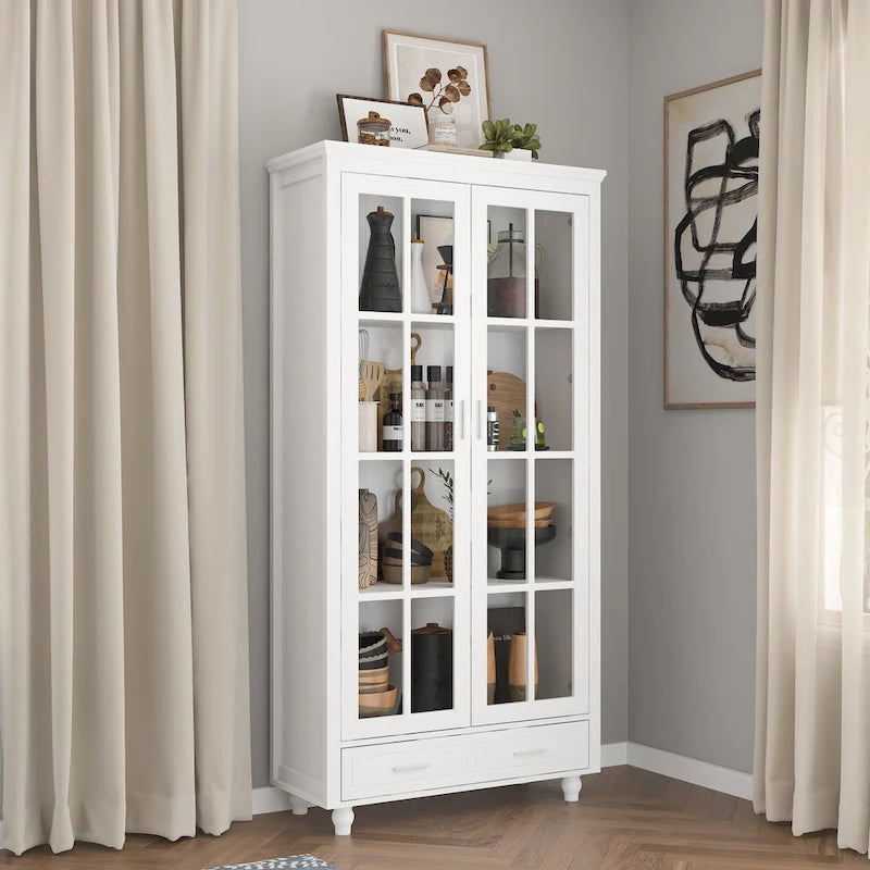 Bibliothèque haute blanche avec 2 portes vitrées, étagères réglables et tiroir – 180 cm H