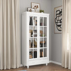 Bibliothèque haute blanche avec 2 portes vitrées, étagères réglables et tiroir – 180 cm H