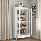 Bibliothèque haute blanche avec 2 portes vitrées, étagères réglables et tiroir – 180 cm H