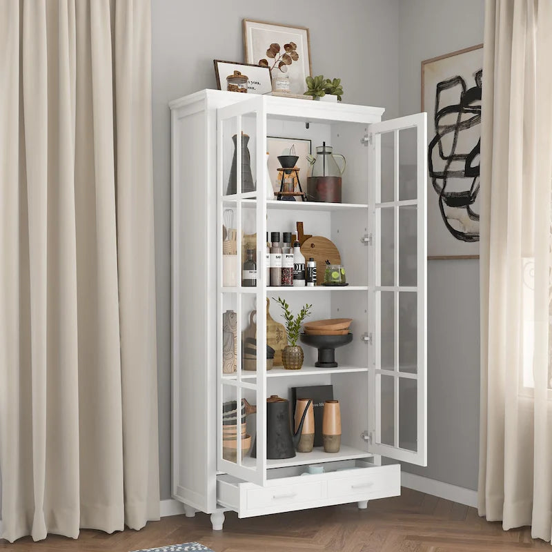 Bibliothèque haute blanche avec 2 portes vitrées, étagères réglables et tiroir – 180 cm H