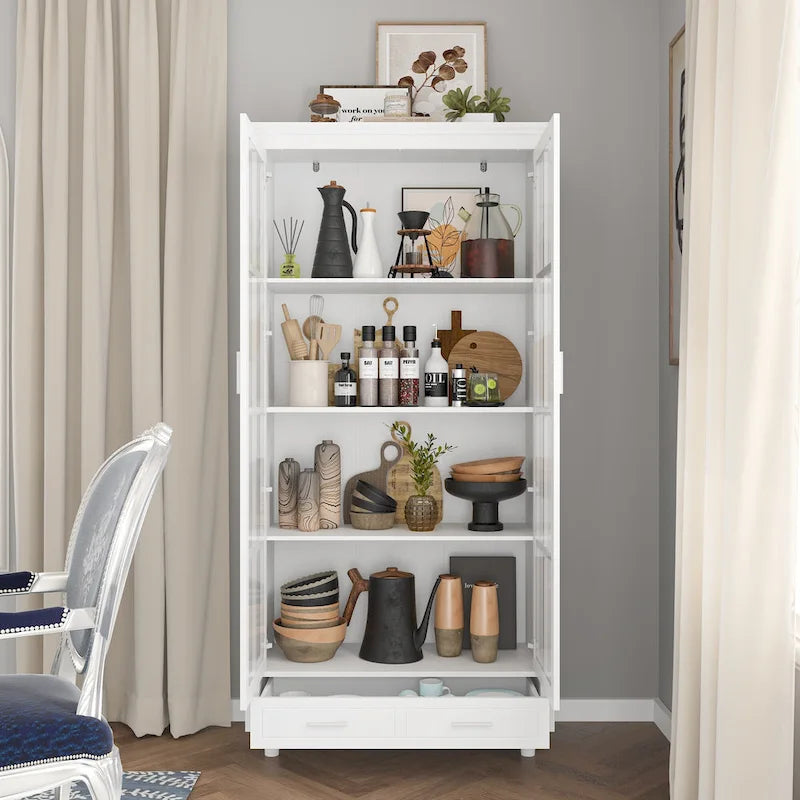 Bibliothèque haute blanche avec 2 portes vitrées, étagères réglables et tiroir – 180 cm H