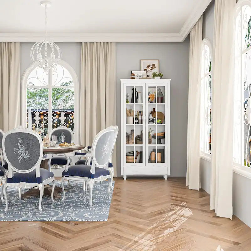 Bibliothèque haute blanche avec 2 portes vitrées, étagères réglables et tiroir – 180 cm H