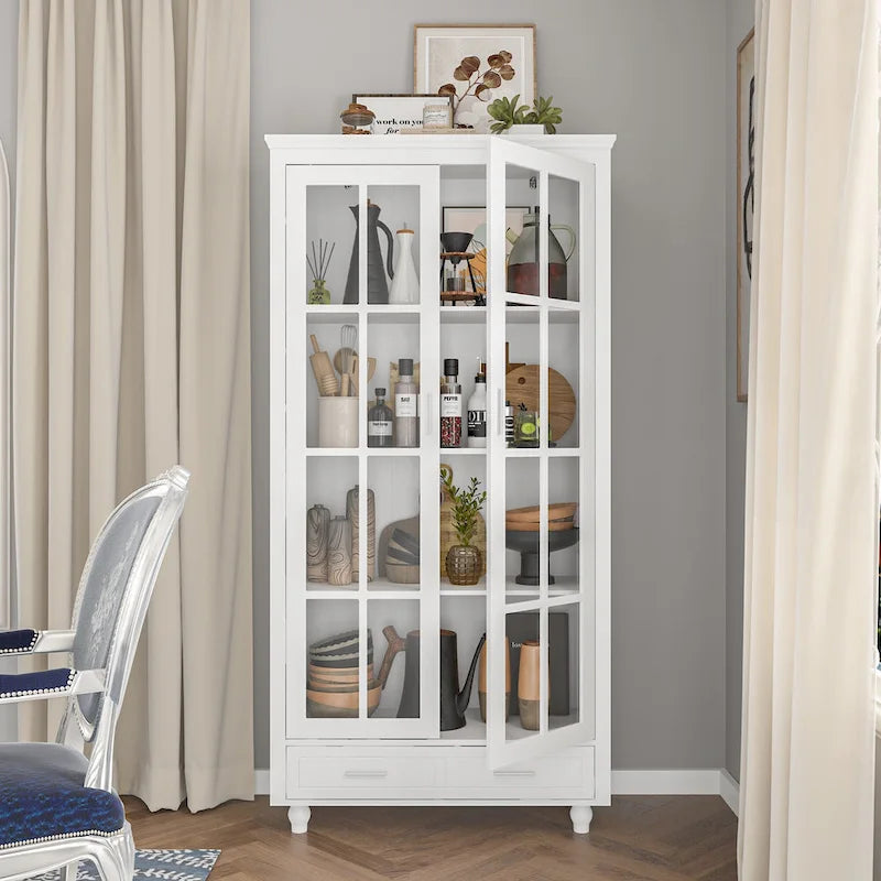 Bibliothèque haute blanche avec 2 portes vitrées, étagères réglables et tiroir – 180 cm H